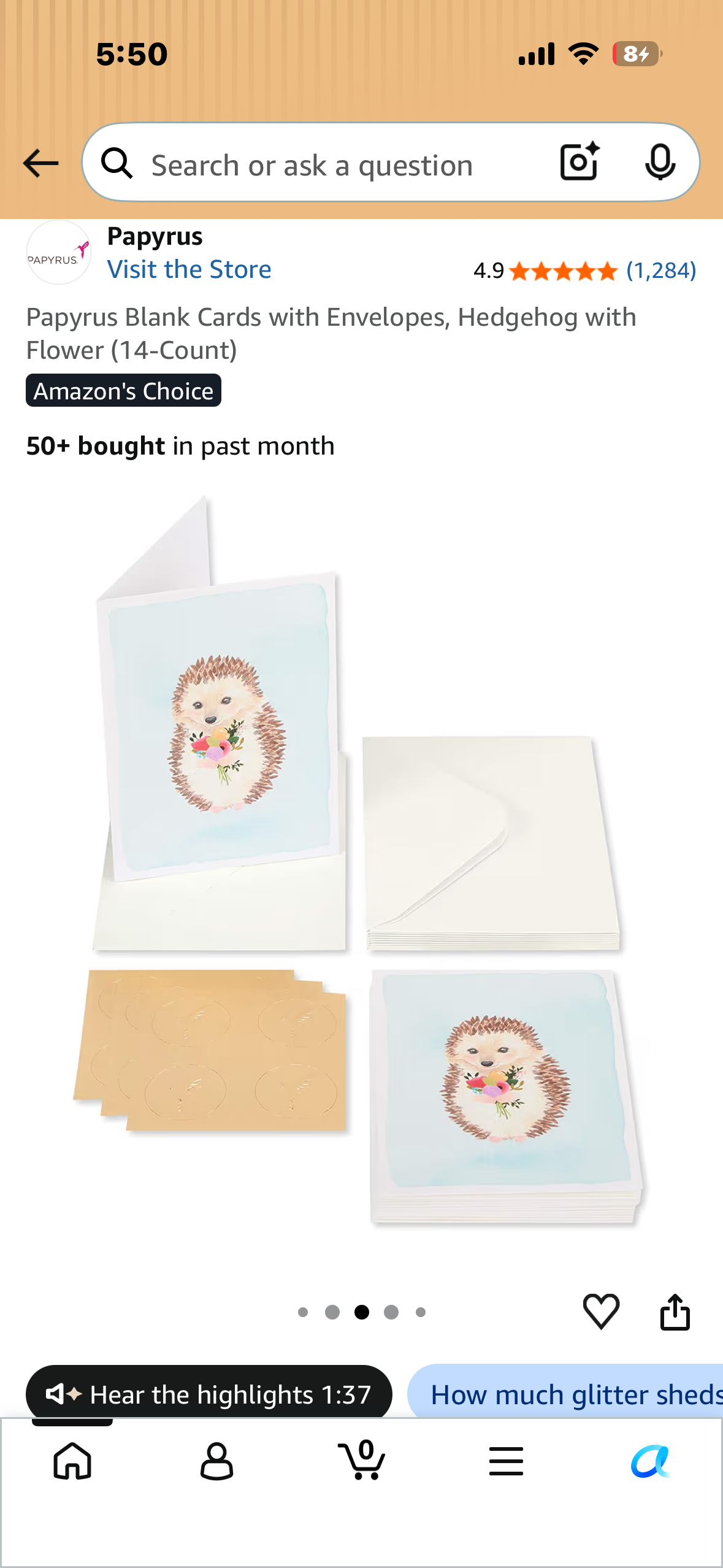 Papyrus Blank Cards with Envelopes, Hedgehog with Flower (14-Count)