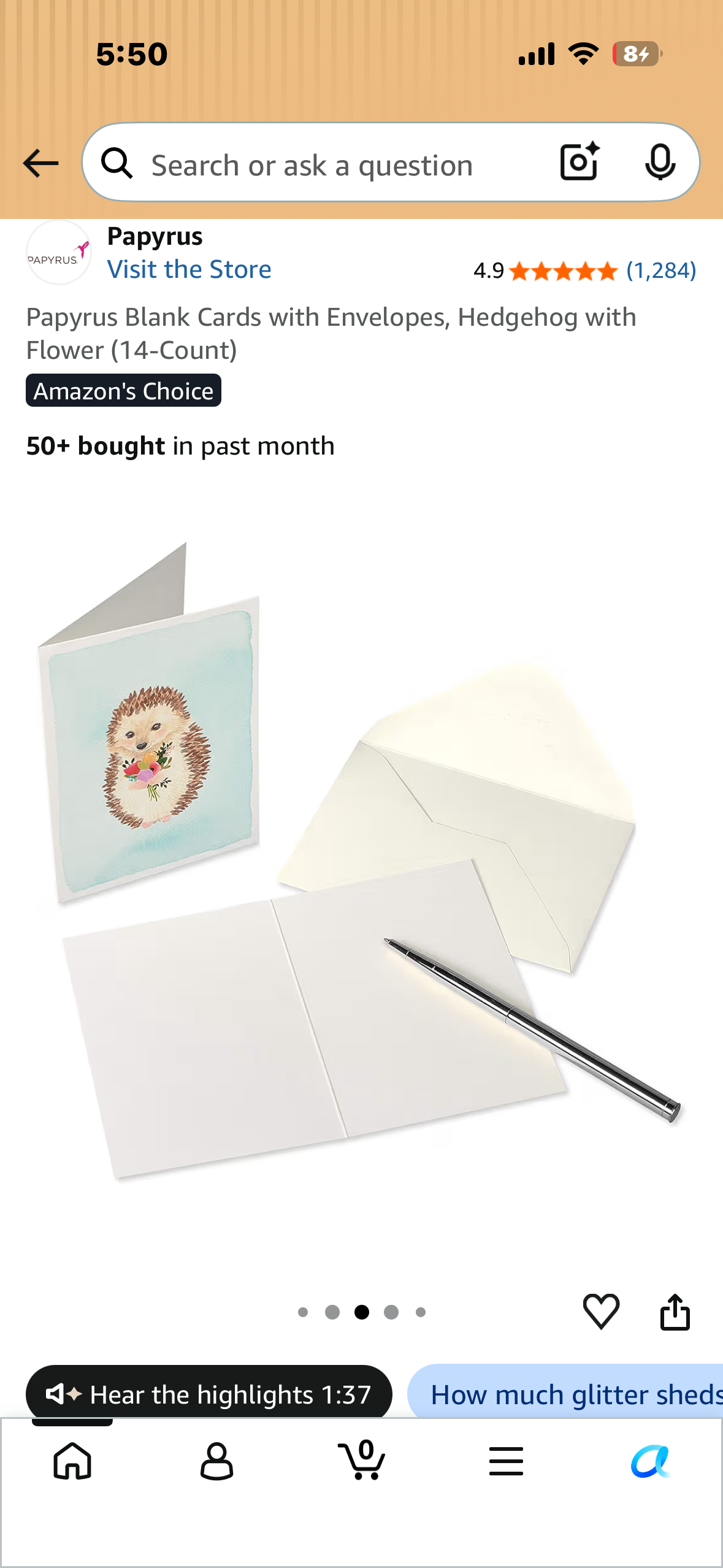 Papyrus Blank Cards with Envelopes, Hedgehog with Flower (14-Count)