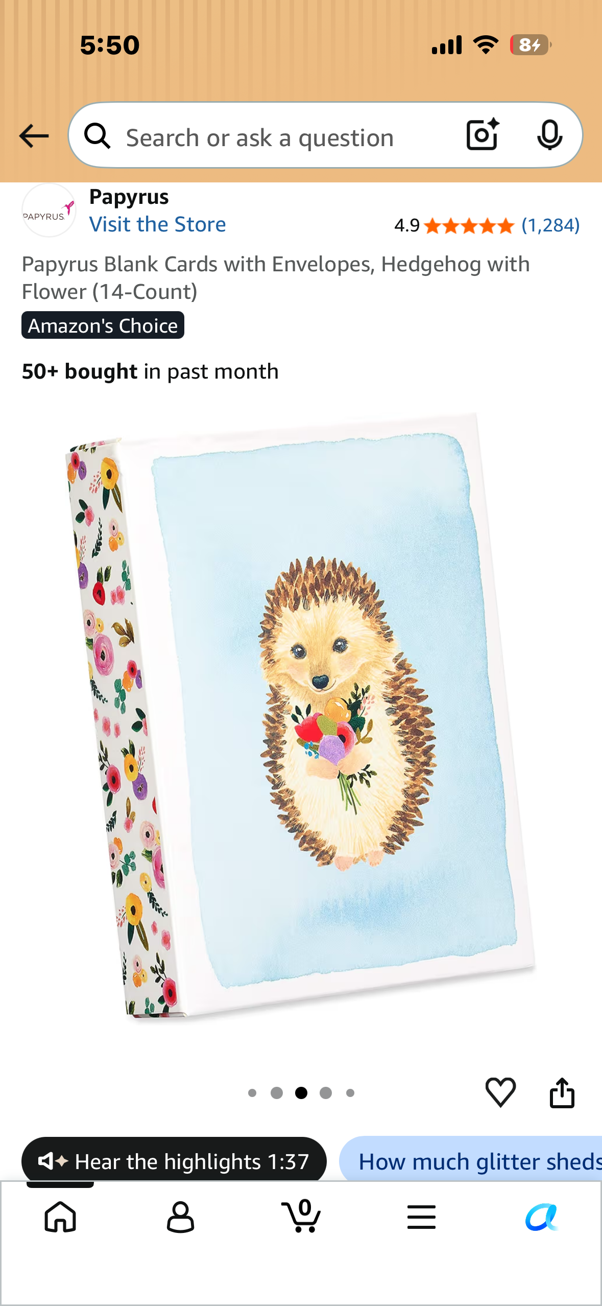 Papyrus Blank Cards with Envelopes, Hedgehog with Flower (14-Count)
