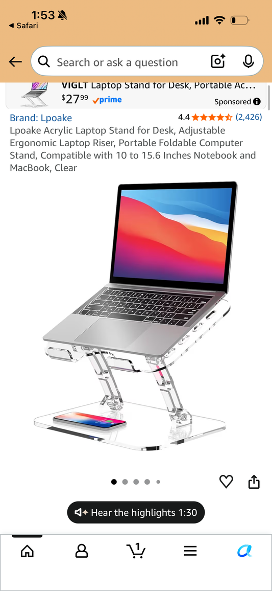 Lpoake Acrylic Laptop Stand for Desk, Adjustable Ergonomic Laptop Riser, Portable Foldable Computer Stand, Compatible with 10 to 15.6 Inches Notebook and MacBook, Clear
