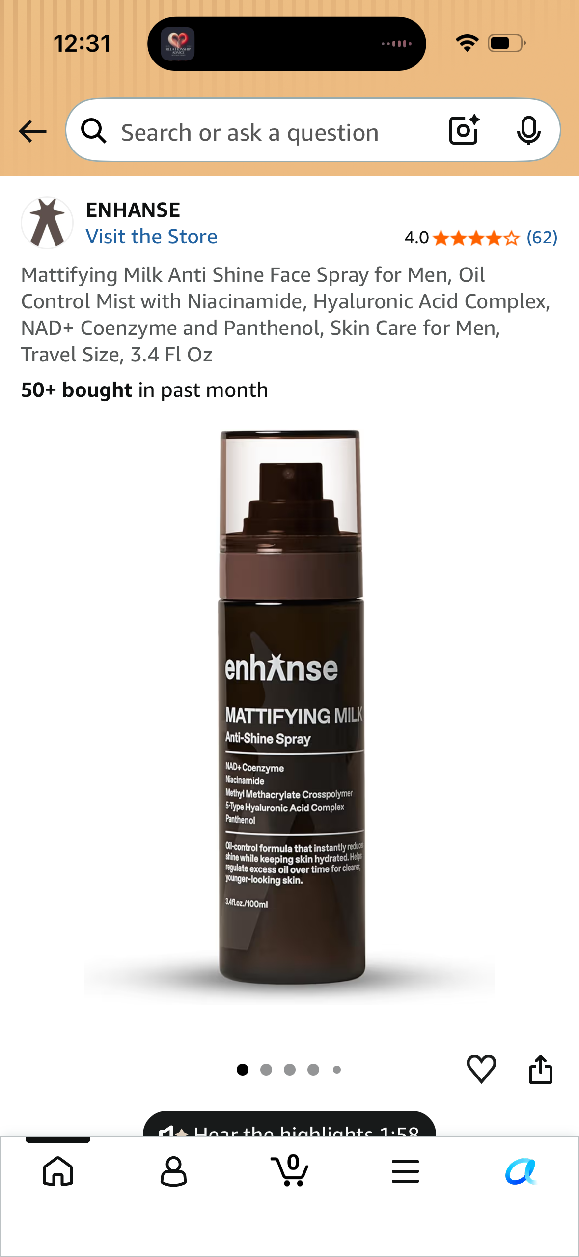 Mattifying Milk Anti Shine Face Spray for Men, Oil Control Mist with Niacinamide, Hyaluronic Acid Complex, NAD+ Coenzyme and Panthenol, Skin Care for Men, Travel Size, 3.4 Fl Oz
