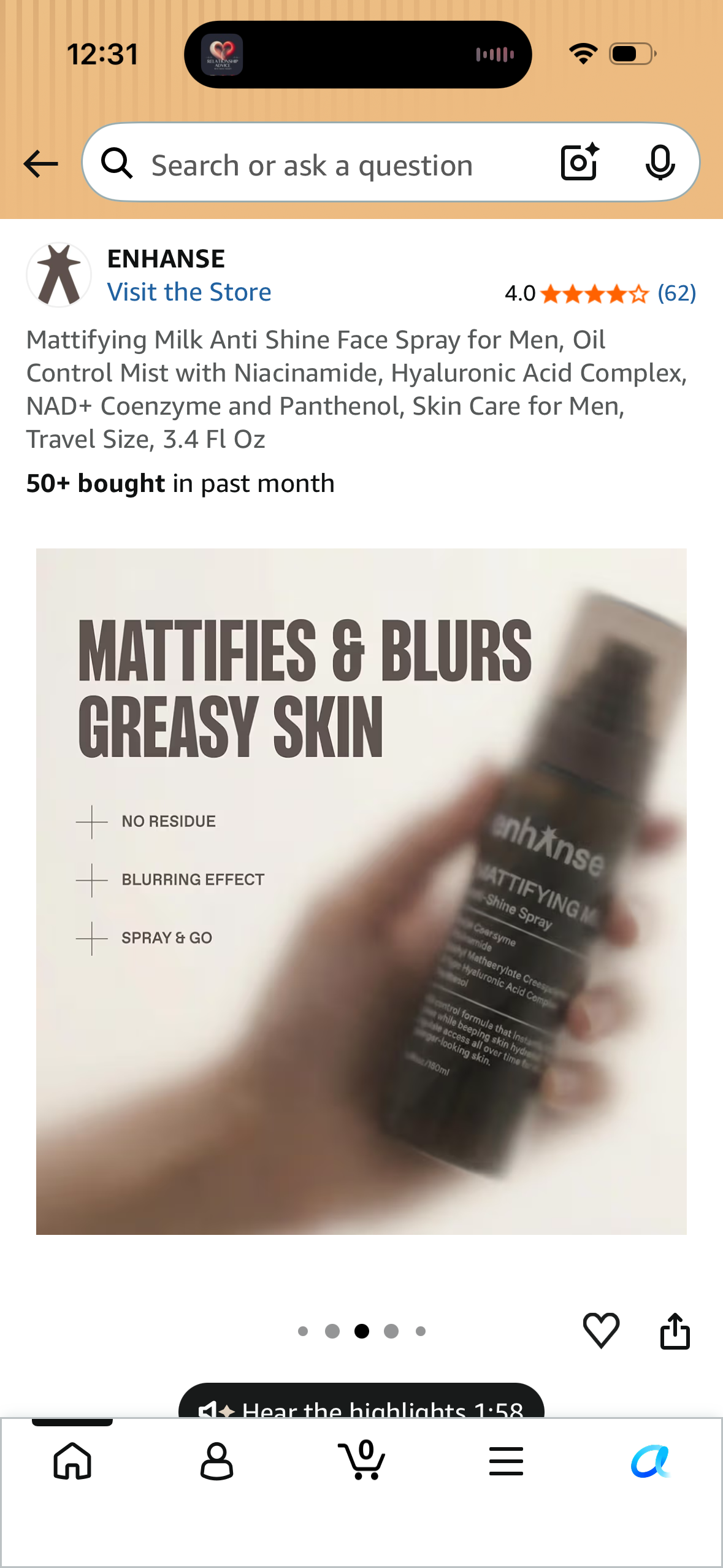 Mattifying Milk Anti Shine Face Spray for Men, Oil Control Mist with Niacinamide, Hyaluronic Acid Complex, NAD+ Coenzyme and Panthenol, Skin Care for Men, Travel Size, 3.4 Fl Oz