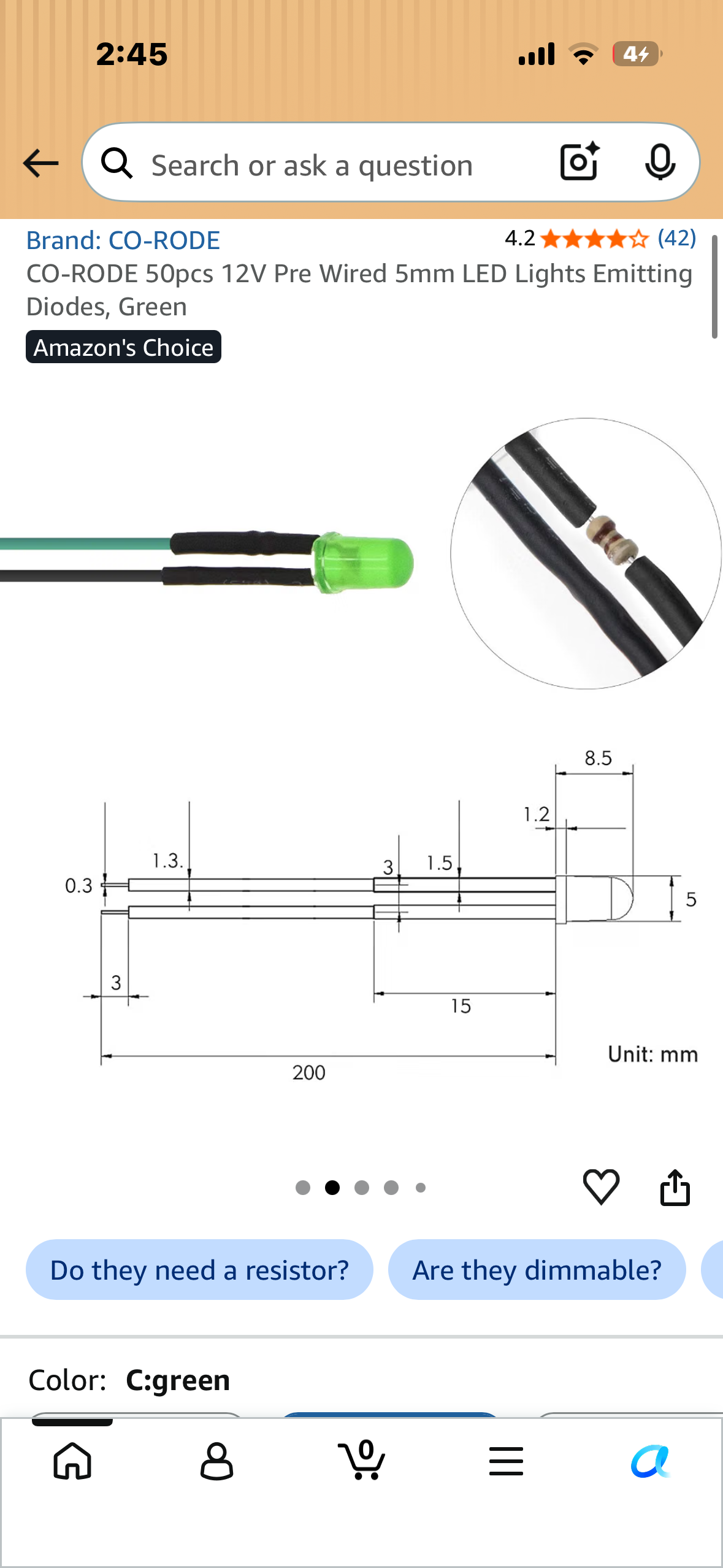 2-Pack, CO-RODE 50pcs 12V Pre Wired 5mm LED Lights Emitting Diodes, Green, 2-Pack