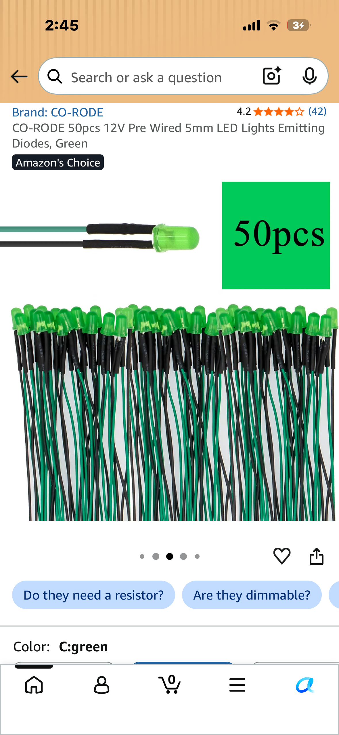 2-Pack, CO-RODE 50pcs 12V Pre Wired 5mm LED Lights Emitting Diodes, Green, 2-Pack