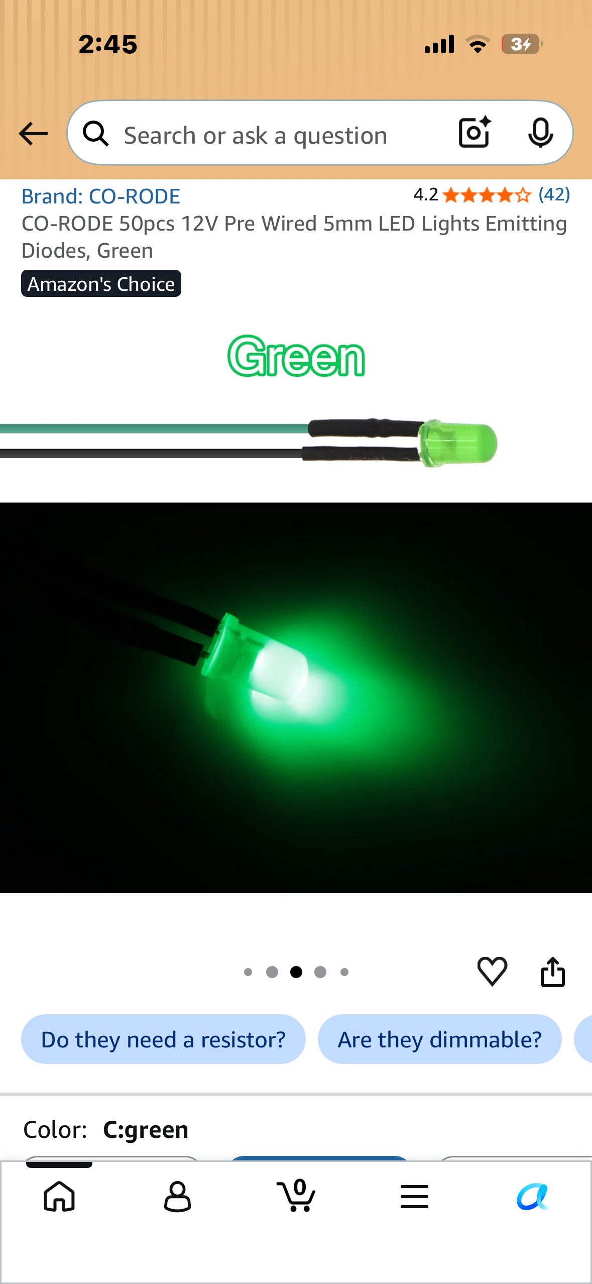 2-Pack, CO-RODE 50pcs 12V Pre Wired 5mm LED Lights Emitting Diodes, Green, 2-Pack
