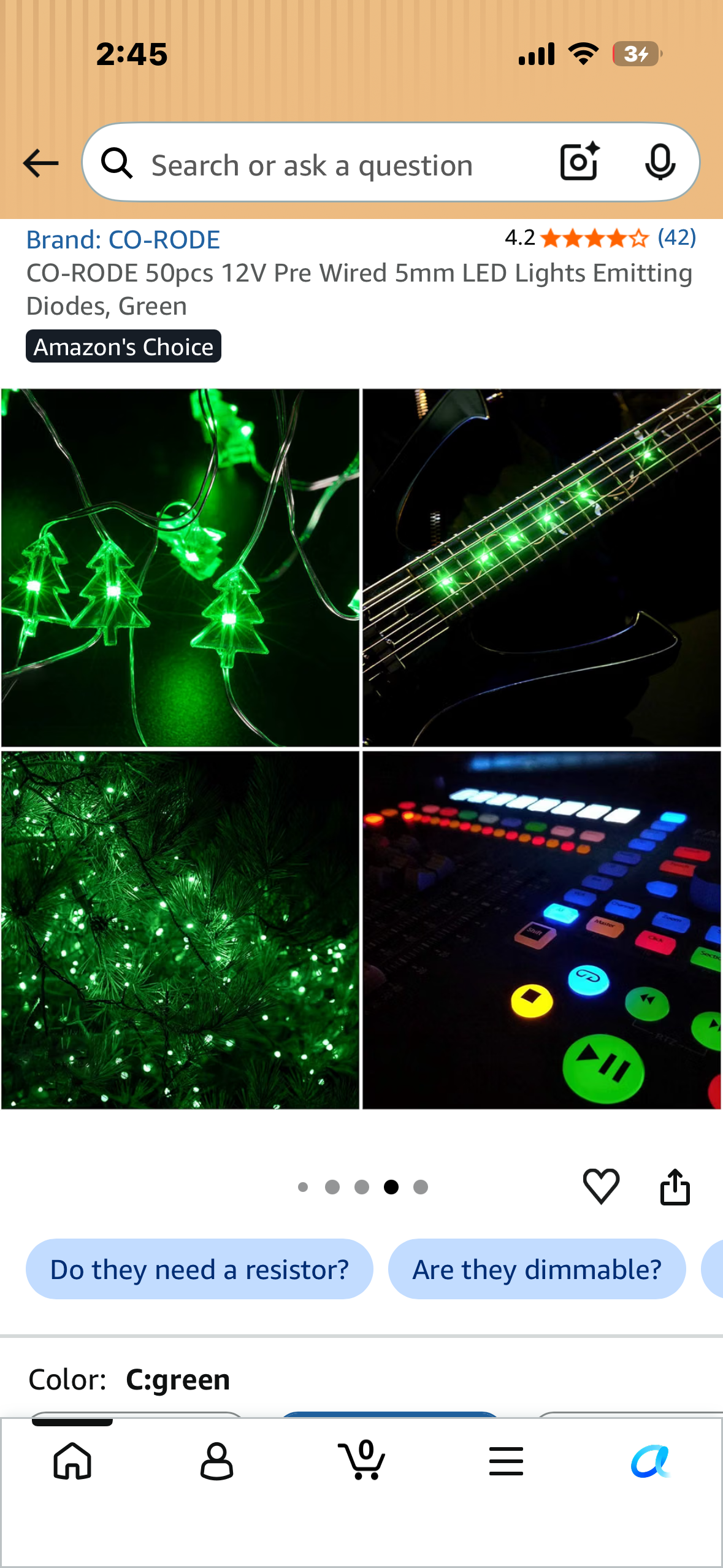 2-Pack, CO-RODE 50pcs 12V Pre Wired 5mm LED Lights Emitting Diodes, Green, 2-Pack