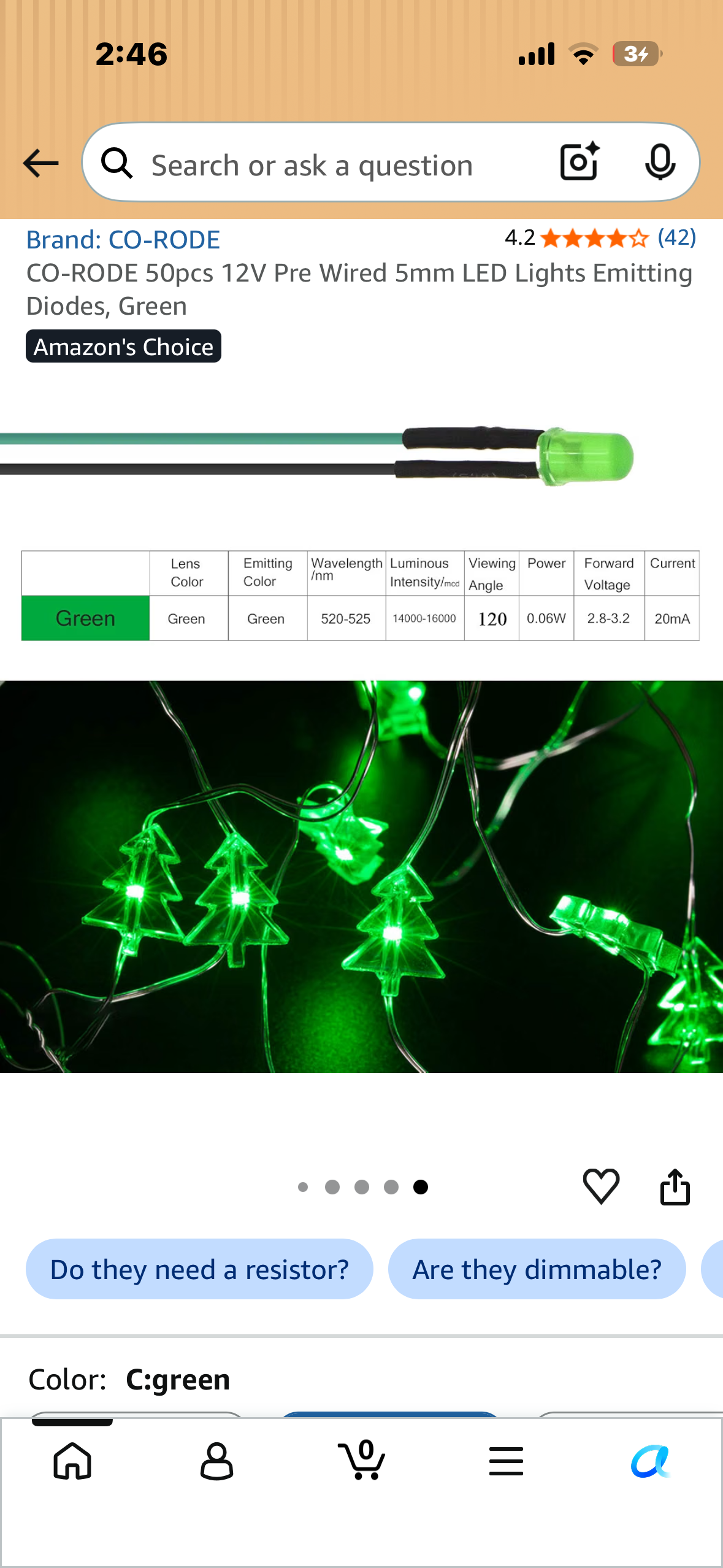 2-Pack, CO-RODE 50pcs 12V Pre Wired 5mm LED Lights Emitting Diodes, Green, 2-Pack