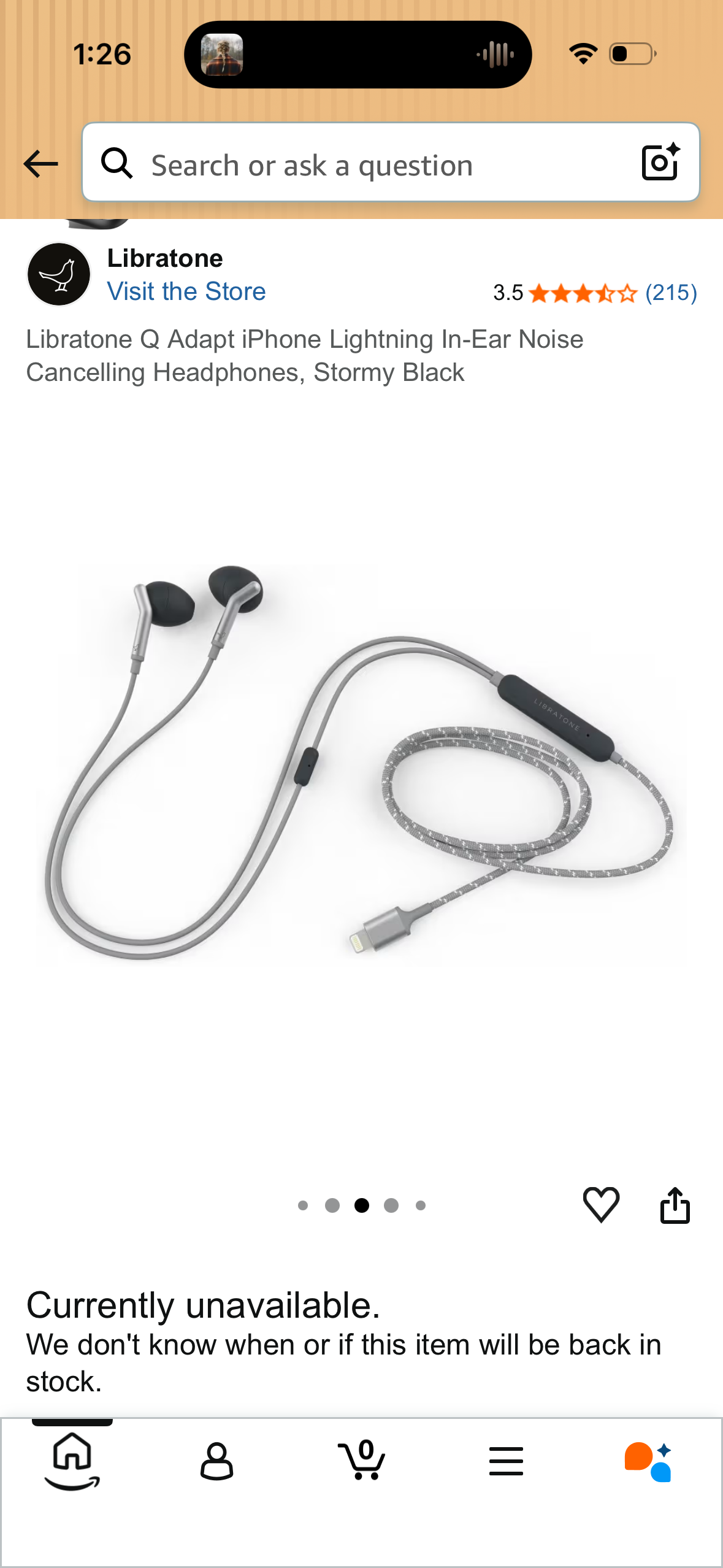 Libratone Q Adapt iPhone Lightning In-Ear Noise Cancelling Headphones, Stormy Black