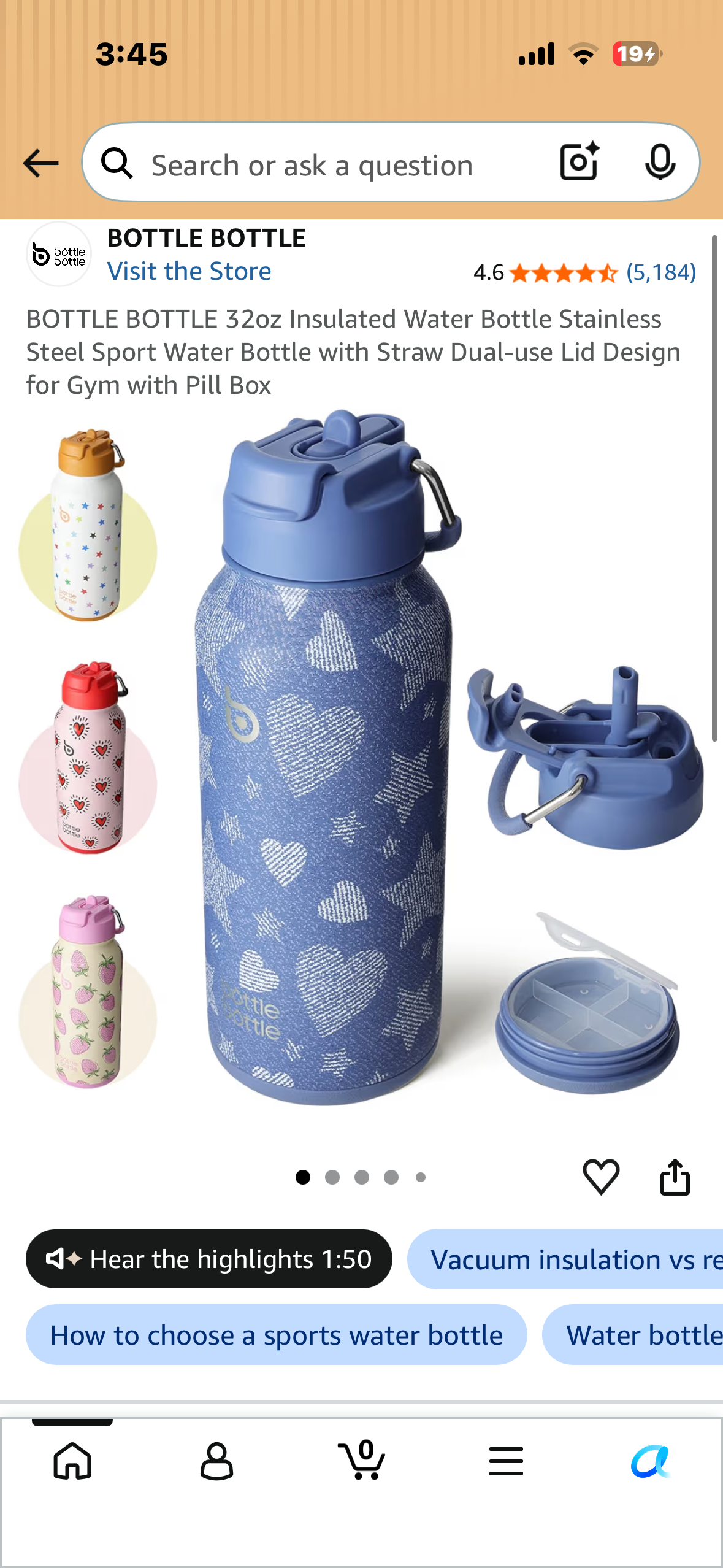 BOTTLE BOTTLE 32oz Insulated Water Bottle Stainless Steel Sport Water Bottle with Straw Dual-use Lid Design for Gym with Pill Box