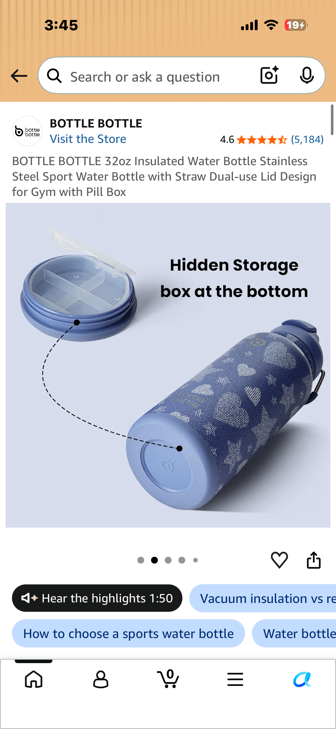 BOTTLE BOTTLE 32oz Insulated Water Bottle Stainless Steel Sport Water Bottle with Straw Dual-use Lid Design for Gym with Pill Box