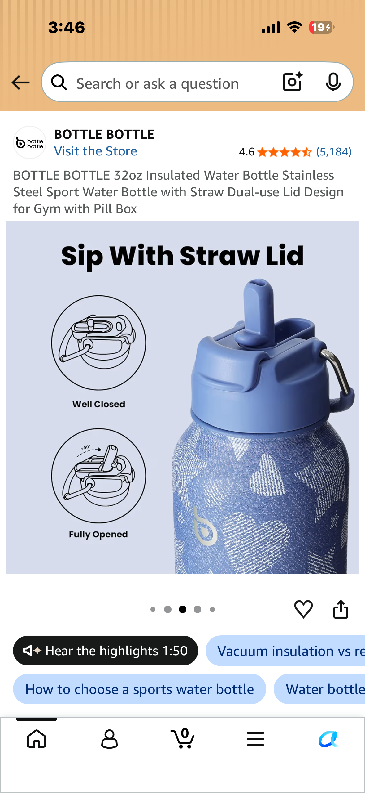 BOTTLE BOTTLE 32oz Insulated Water Bottle Stainless Steel Sport Water Bottle with Straw Dual-use Lid Design for Gym with Pill Box