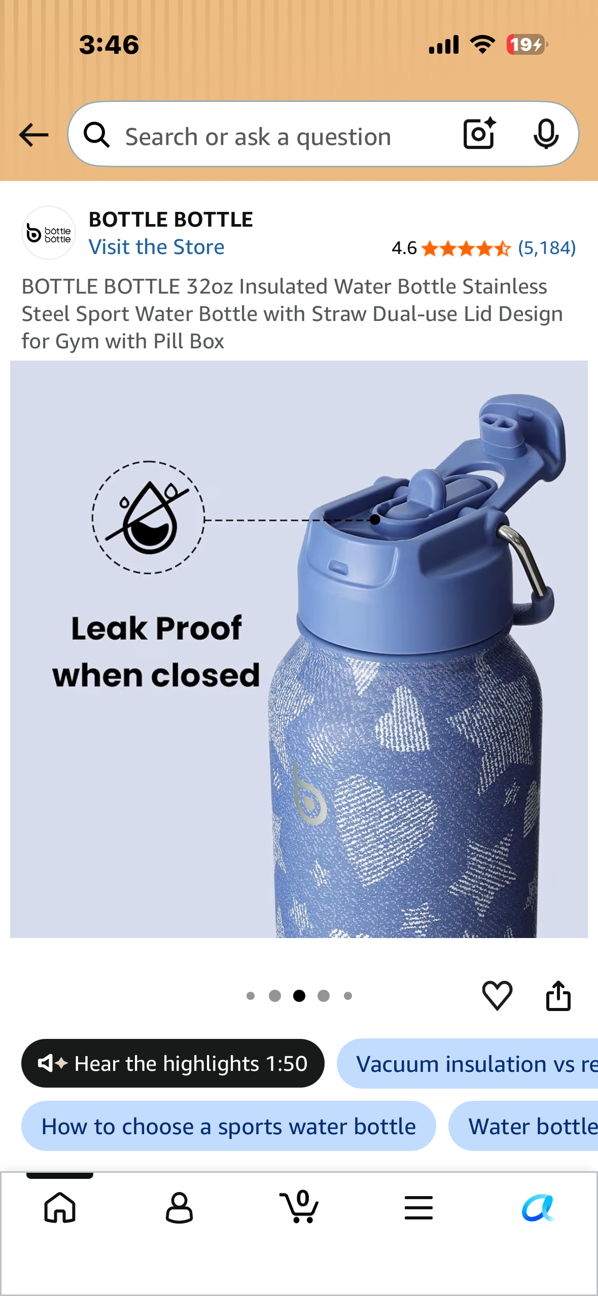 BOTTLE BOTTLE 32oz Insulated Water Bottle Stainless Steel Sport Water Bottle with Straw Dual-use Lid Design for Gym with Pill Box