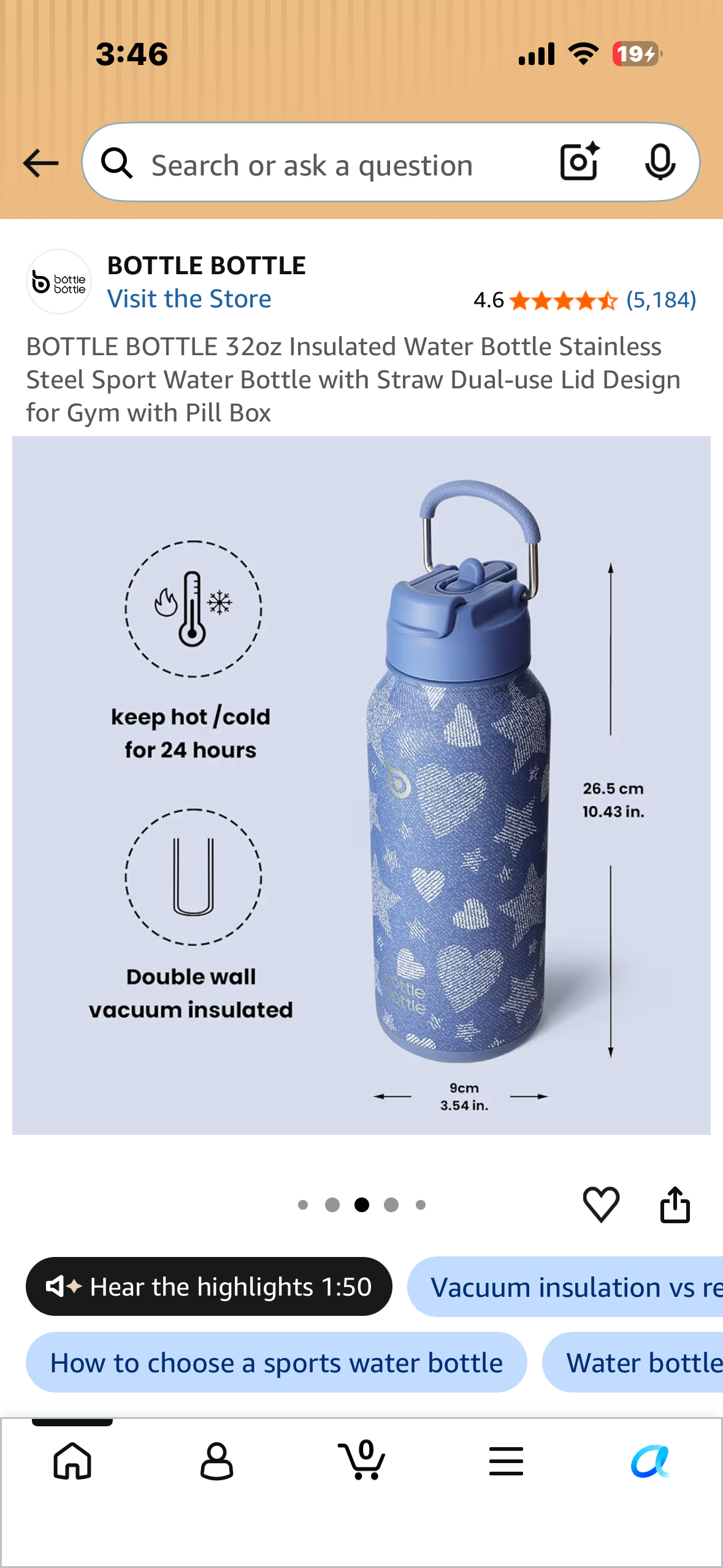 BOTTLE BOTTLE 32oz Insulated Water Bottle Stainless Steel Sport Water Bottle with Straw Dual-use Lid Design for Gym with Pill Box