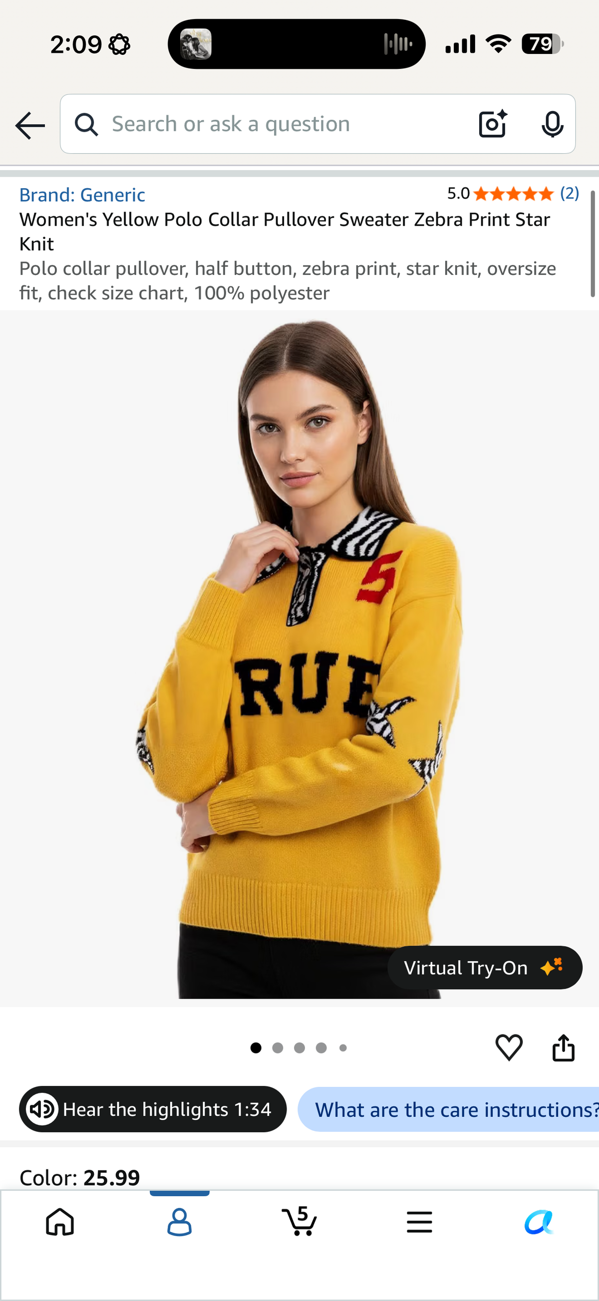Women's Yellow Polo Collar Pullover Sweater Zebra Print Star Knit (Size XL)
