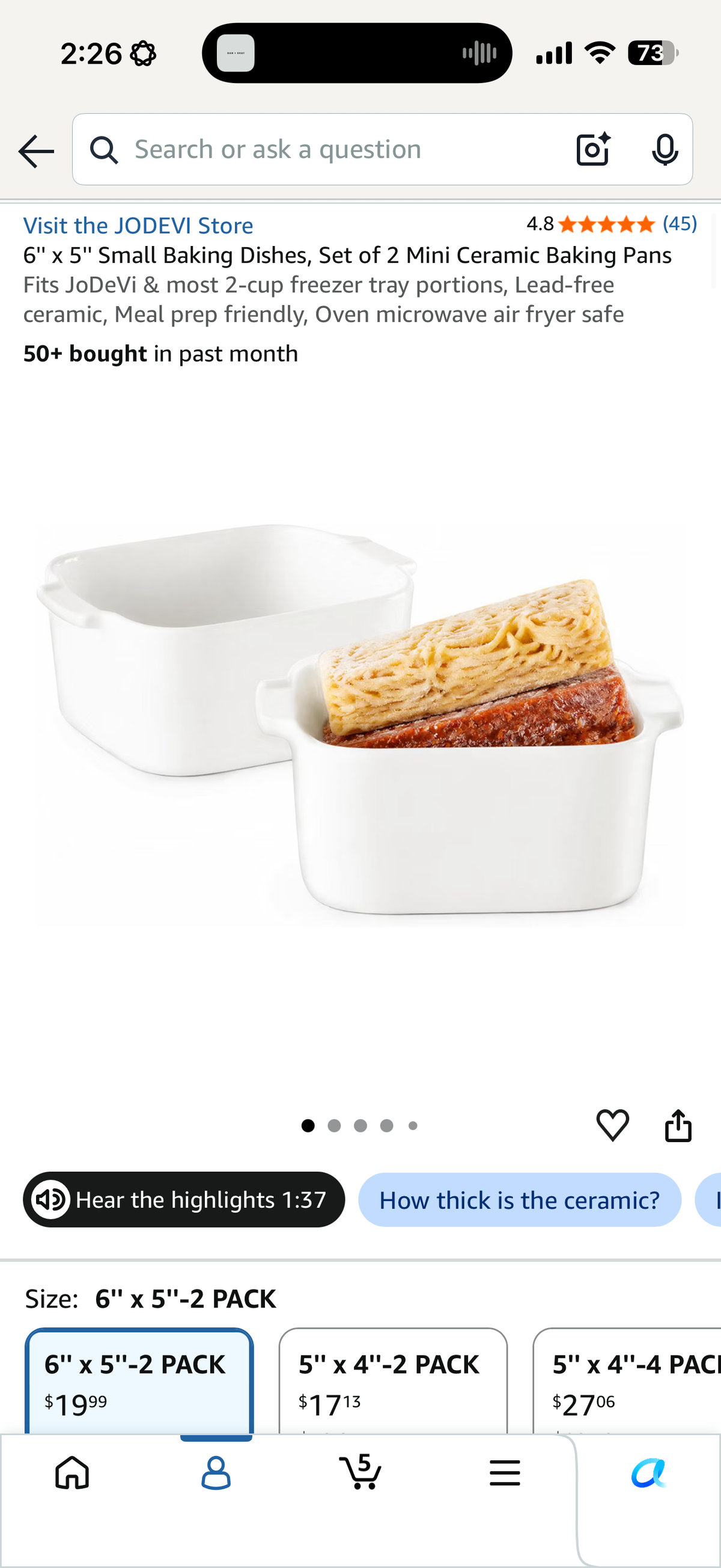 6'' x 5'' Small Baking Dishes, Set of 2 Mini Ceramic Baking Pans Fits JoDeVi & most 2-cup freezer tray portions, Lead-free ceramic, Meal prep friendly, Oven microwave air fryer safe