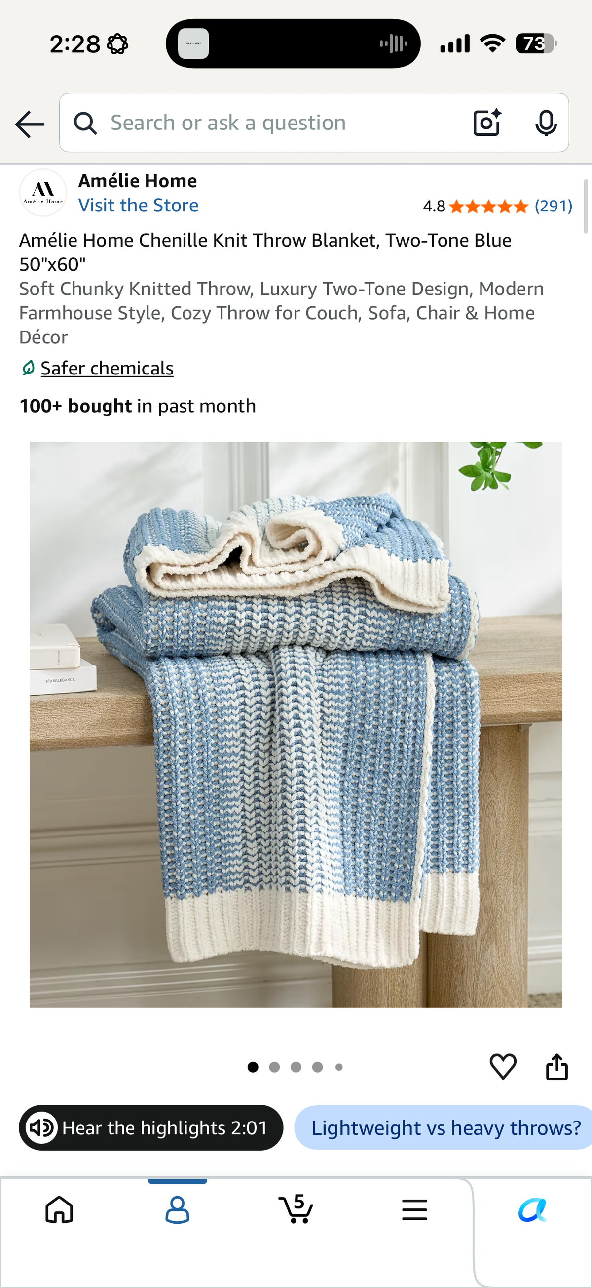 Amélie Home Chenille Knit Throw Blanket, Two-Tone Blue 50"x60