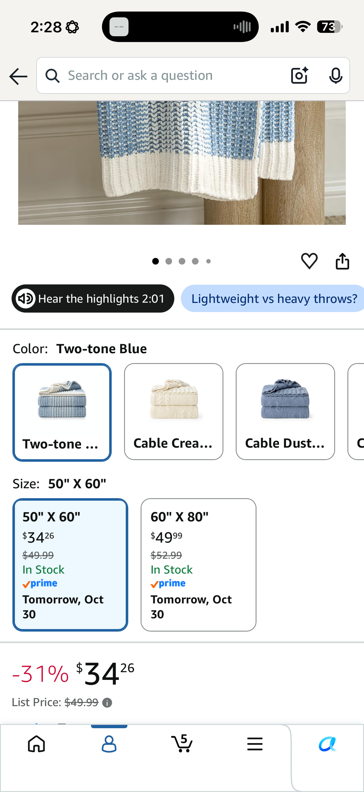 Amélie Home Chenille Knit Throw Blanket, Two-Tone Blue 50"x60